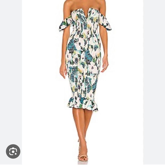 Sun Becomes Her Revolve Bardot Midi Dress Waterlily Floral - Picture 2 of 5